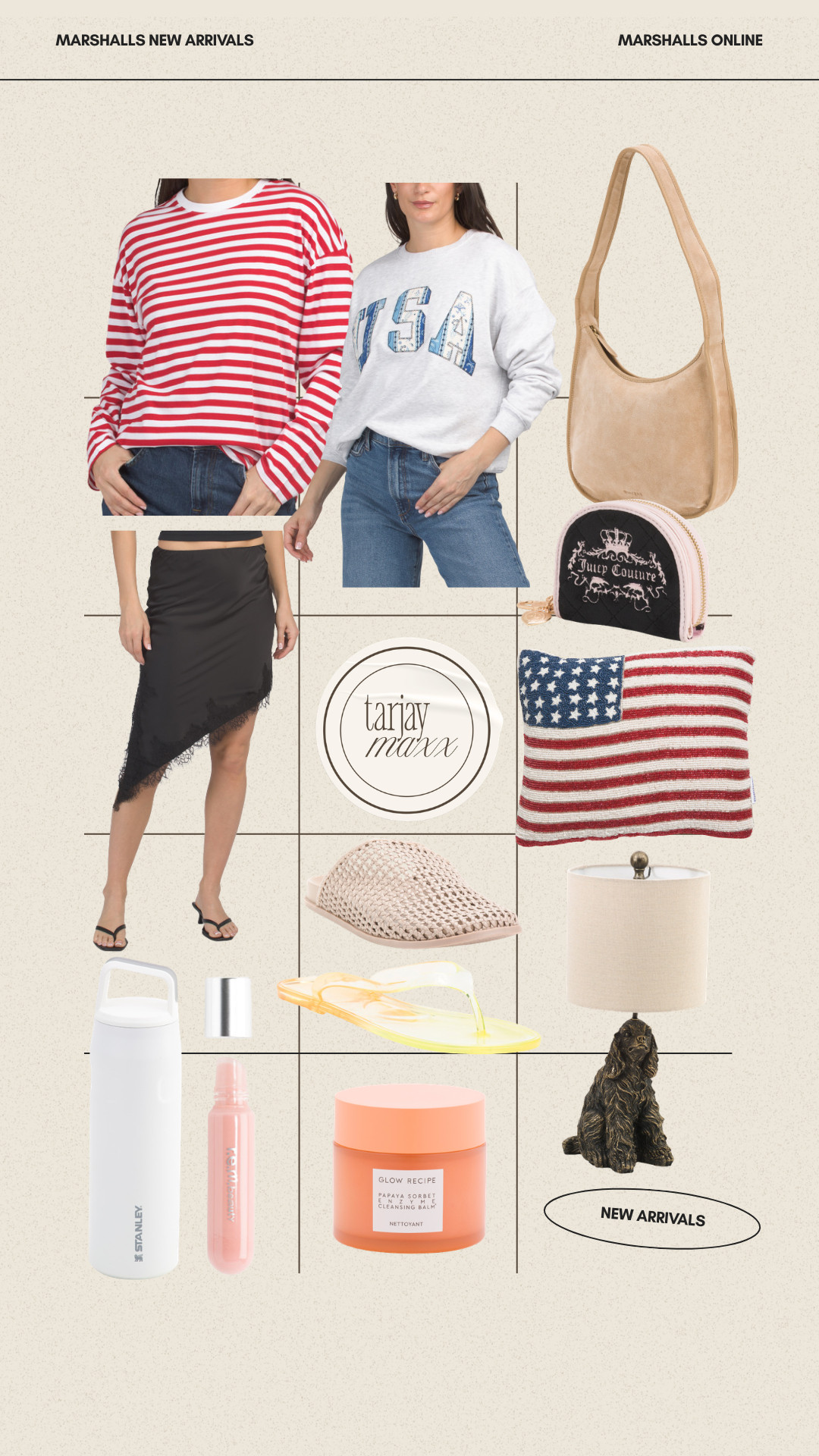 Marshalls online new arrivals are giving such a cute mix of coastal summer, Americana, and effortless everyday finds right now. The USA sweatshirt, striped tops, and little flag details are so fun for summer weekends, and I’m obsessed with the neutral suede bag and Glow Recipe find!! summer outfits, country concert outfits, vacation outfits beach, business casual workwear, date night outfits, graduation guest outfits, plus size fashion, summer dresses, marshalls online finds, americana style, coastal summer outfits, glow recipe, neutral handbags, usa sweatshirt
 

 #LTKootd #LTKHome #LTKBeauty