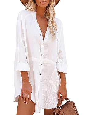 Pink Queen Women V Neck Long Sleeve Button Down Blouse Tunic Shirt Mini Dress with Pockets | Amazon (US)