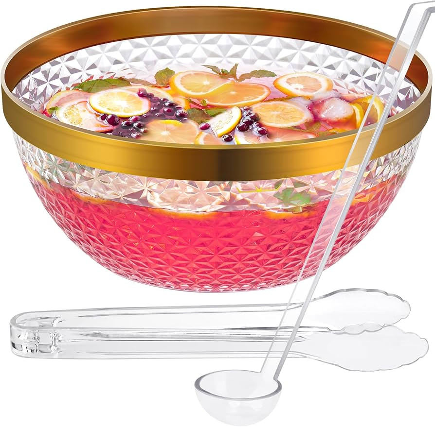 NiHome Plastic Punch Bowl with Ladle and Tong for Parties, Weddings, BBQs, 1.4 Gallon Gold Trim C... | Amazon (US)
