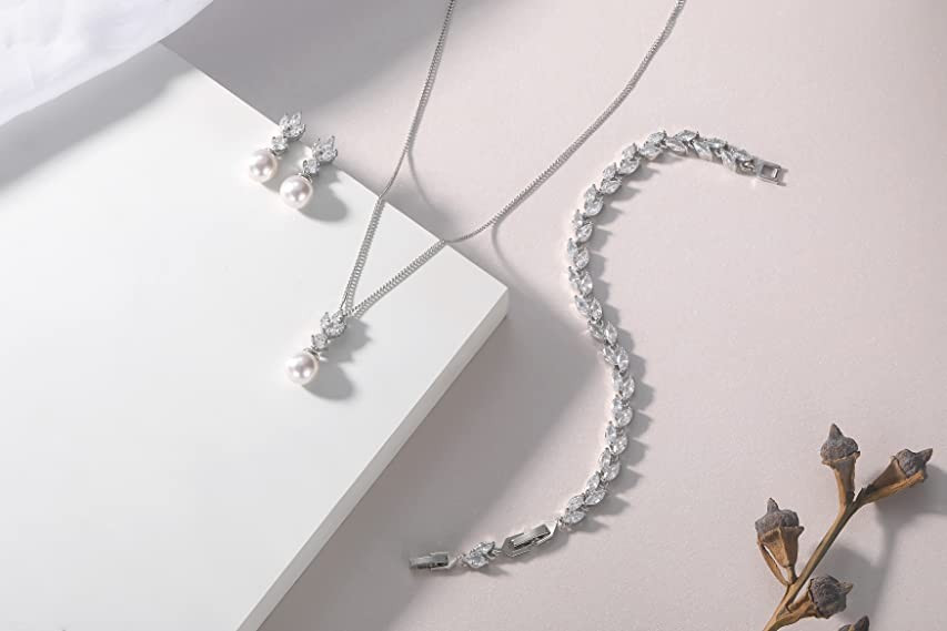 Amazon.com: Wedding Jewelry for Bride Bridesmaid, Pearl Dangle Earrings and Pendant Necklace Set ... | Amazon (US)