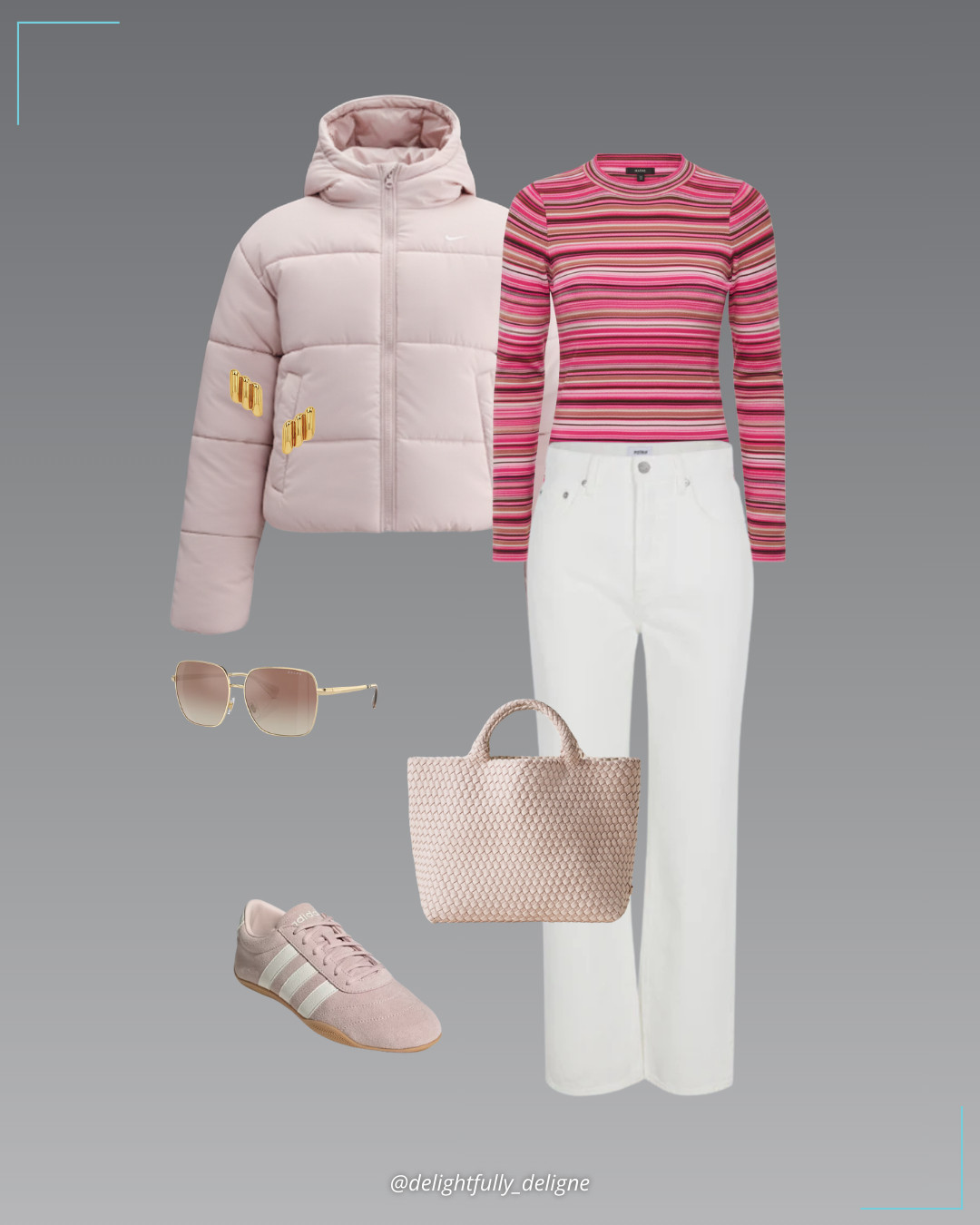 Pistola Casual Cool 🩷🤍 Cassie Super High Rise Straight in Paper White and Madison long-sleeve crewneck sweater in pink-brown multi stripe by Pistola, sportswear classic puffer, Grand Court Lo shoes, medium tote bag, gold-brown metal frame sunglasses & diagonal ribbed earrings. 

 #LTKgrwm #LTKootd #LTKOver40