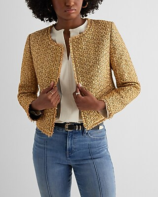 Metallic Tweed Fringe Trim Jacket | Express