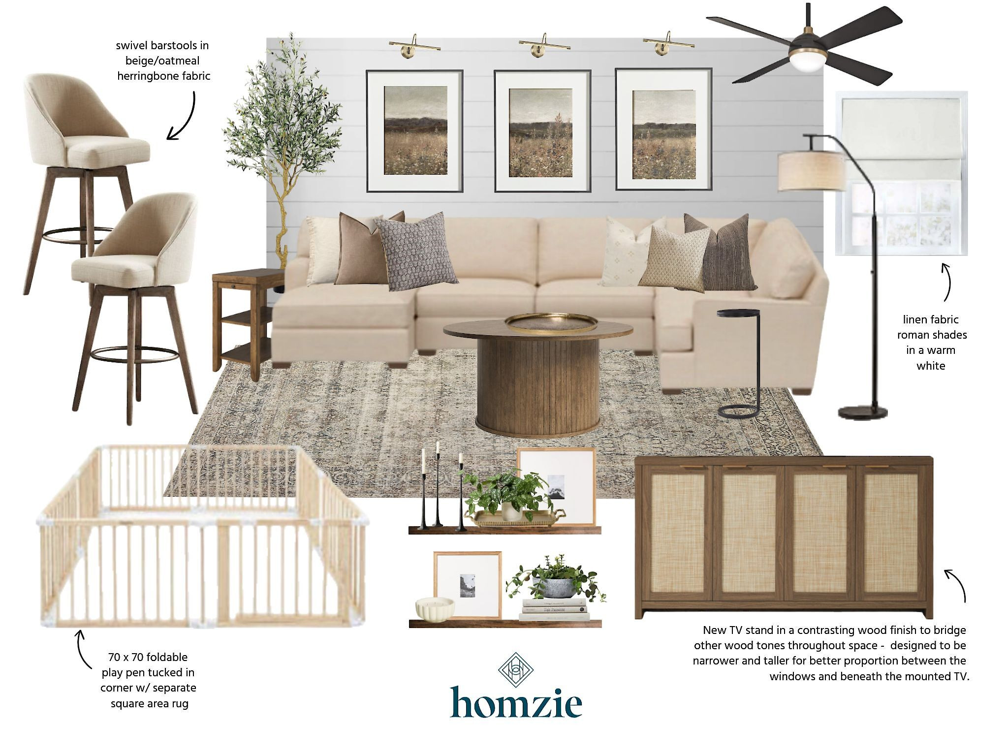 This is a modern living room with family-friendly elements and cozy textures. It features: Sectional Sofa, Cane TV Stand, Swivel Barstools, Roman Shades, Round Wood Coffee Table, Foldable Playpen. 

 #LTKHome #LTKSaleAlert #LTKStyleTip