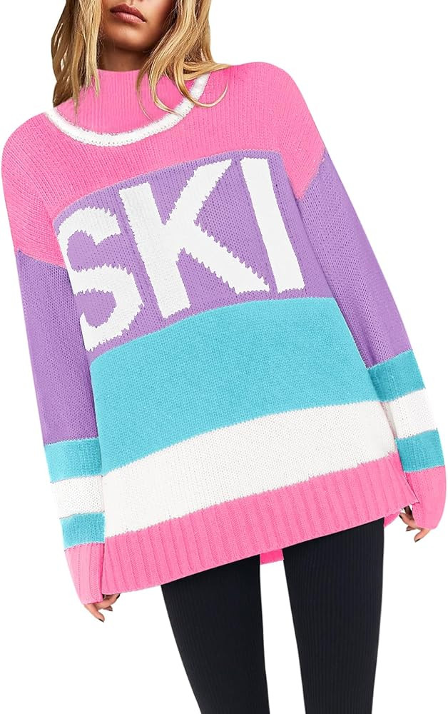 Yousify Womens Sweaters Fall 2024 Oversized Color Block Ski Sweater Crewneck Winter Tops S-2XL | Amazon (US)