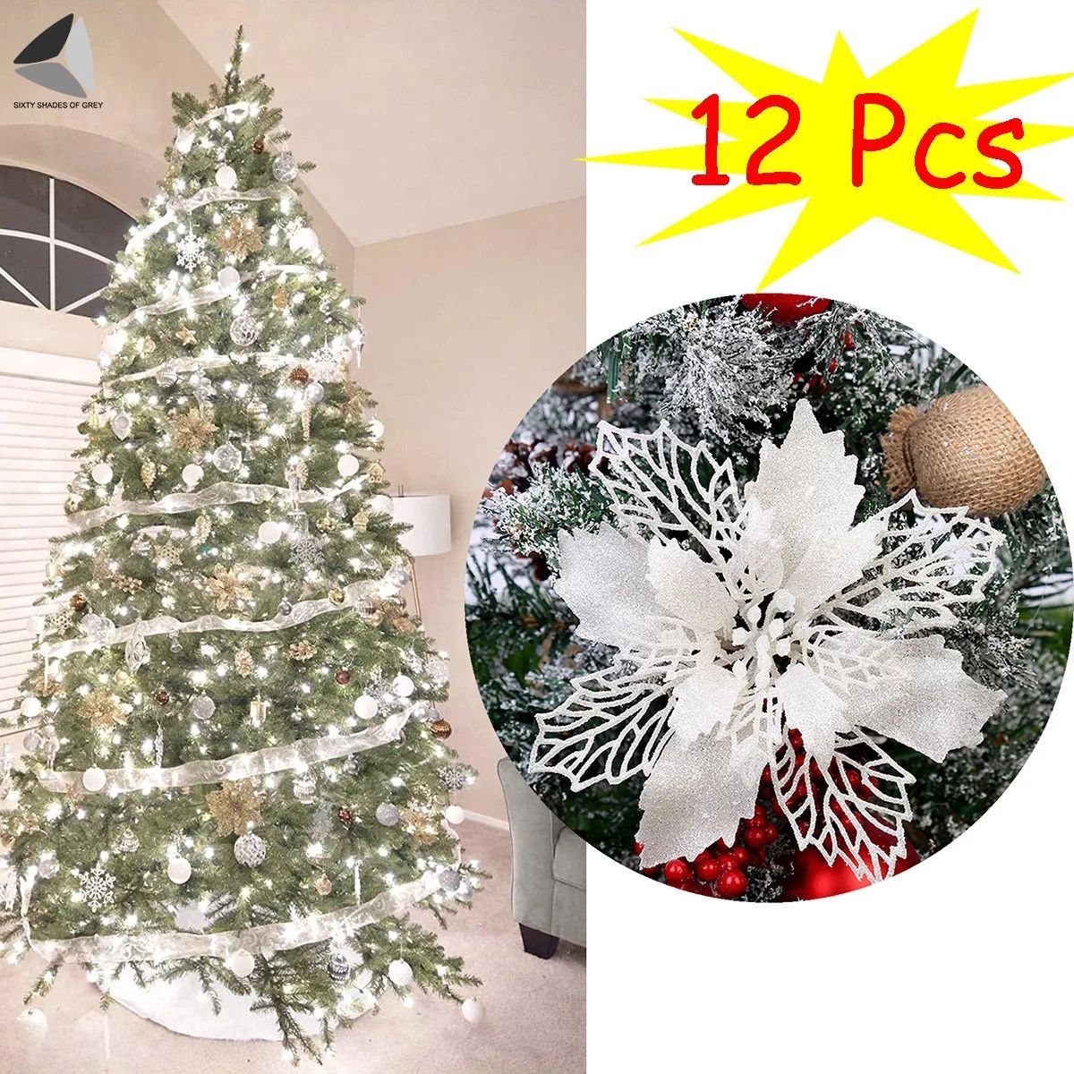 Sixtyshades 12 Pcs Poinsettia Artificial Christmas Flowers Decorations Glitter Xmas Tree Flower O... | Walmart (US)