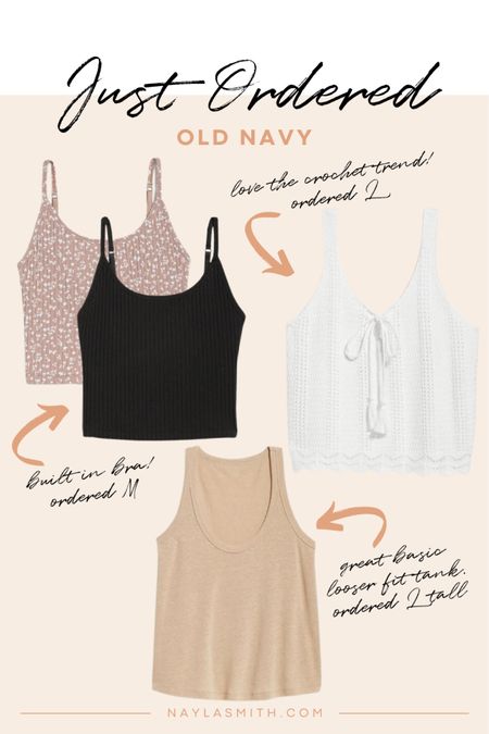 Recent Old Navy order - currently on sale! Crochet top, spaghetti strap tanks with built in bra, basic scoop neck tank. Canadian links in related products

Summer closet basics, summer fashion, affordable fashion


#LTKunder50 #LTKSeasonal #LTKsalealert