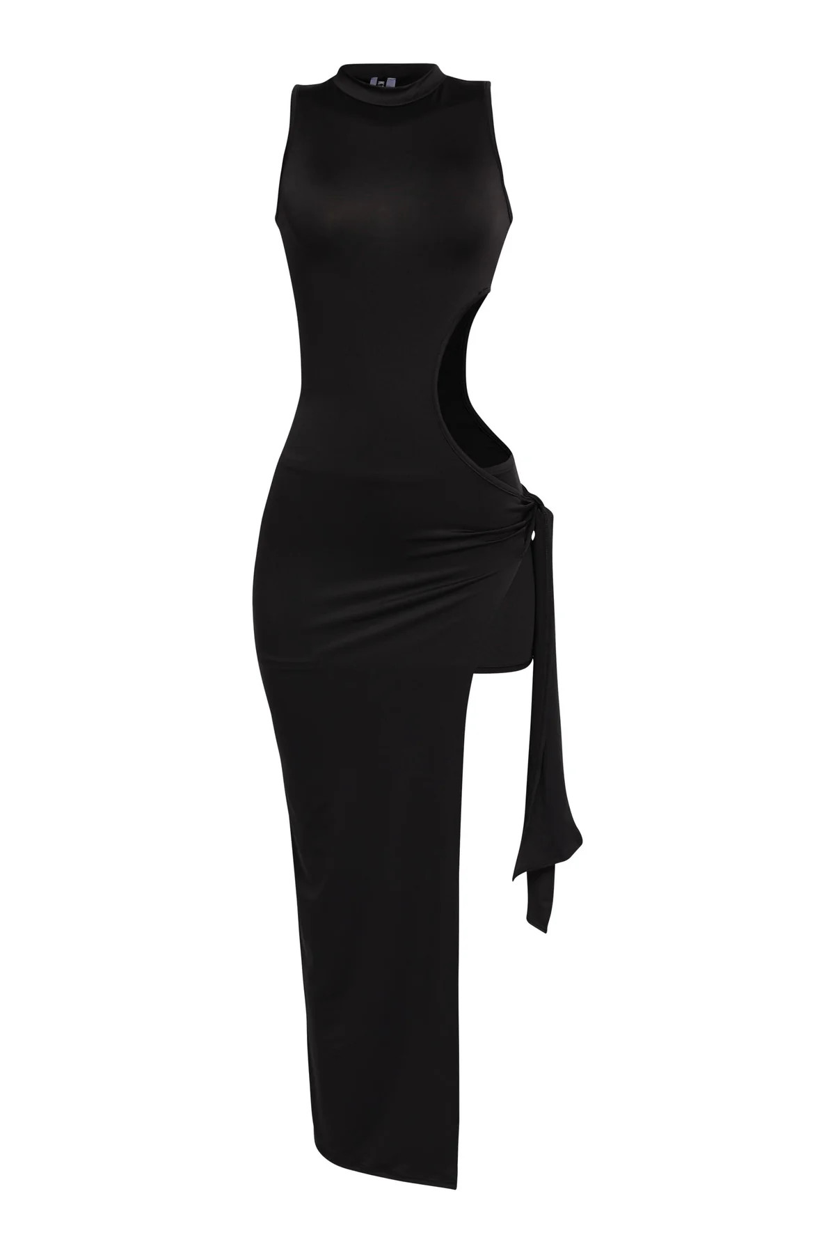 Cutout Bodycon Maxi Dress with Tie Slit and Mock Neck | Bogomore