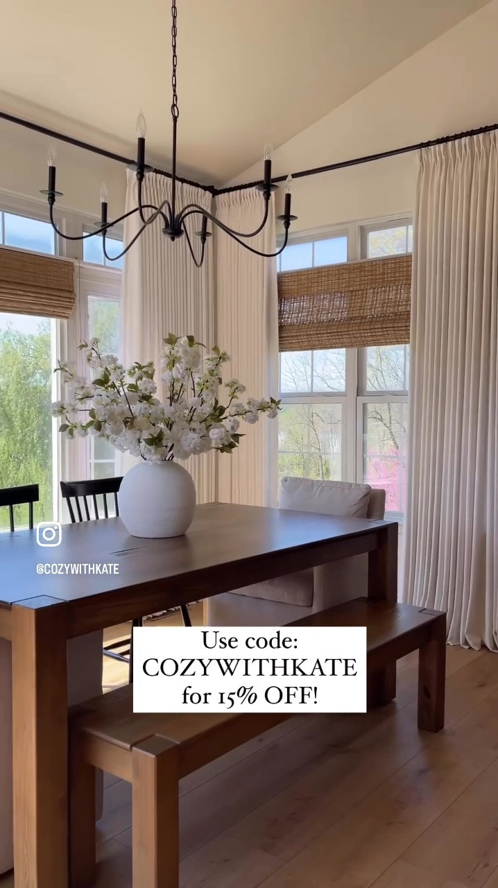 My favorite custom curtains are on sale! Use code: COZYWITHKATE 💰

 ✨ Dining Room curtain dimensions: 
Product name : Liz linen collection 
- Color : ivory white 
- Header style : Triple pleated 
- Single panel width and length in inches : 
• 98 inches L x 55 inches W
• 98 inches L x 60 inches W 
- Liner type : privacy white liner 
- Memory Shape: YES

✨ Kitchen curtains dimensions:
• COLOR: Ivory White Liz Linen Collection 
• HEADER: Triple pleated 
• LINER: privacy white liner 
• MEMORY SHAPED: Yes 
• SIZE: 120” W x 105” L & 77.5” W x 105” L 


#LTKHome #LTKStyleTip #LTKSaleAlert