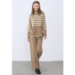 Stripe Turtleneck Knit Sweater and Pants Set in Light Tan | Chicwish