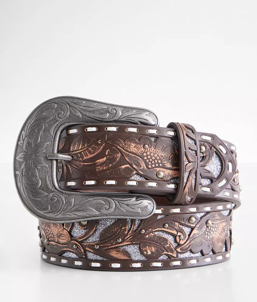 Tooled Leather Glitter Belt | Buckle