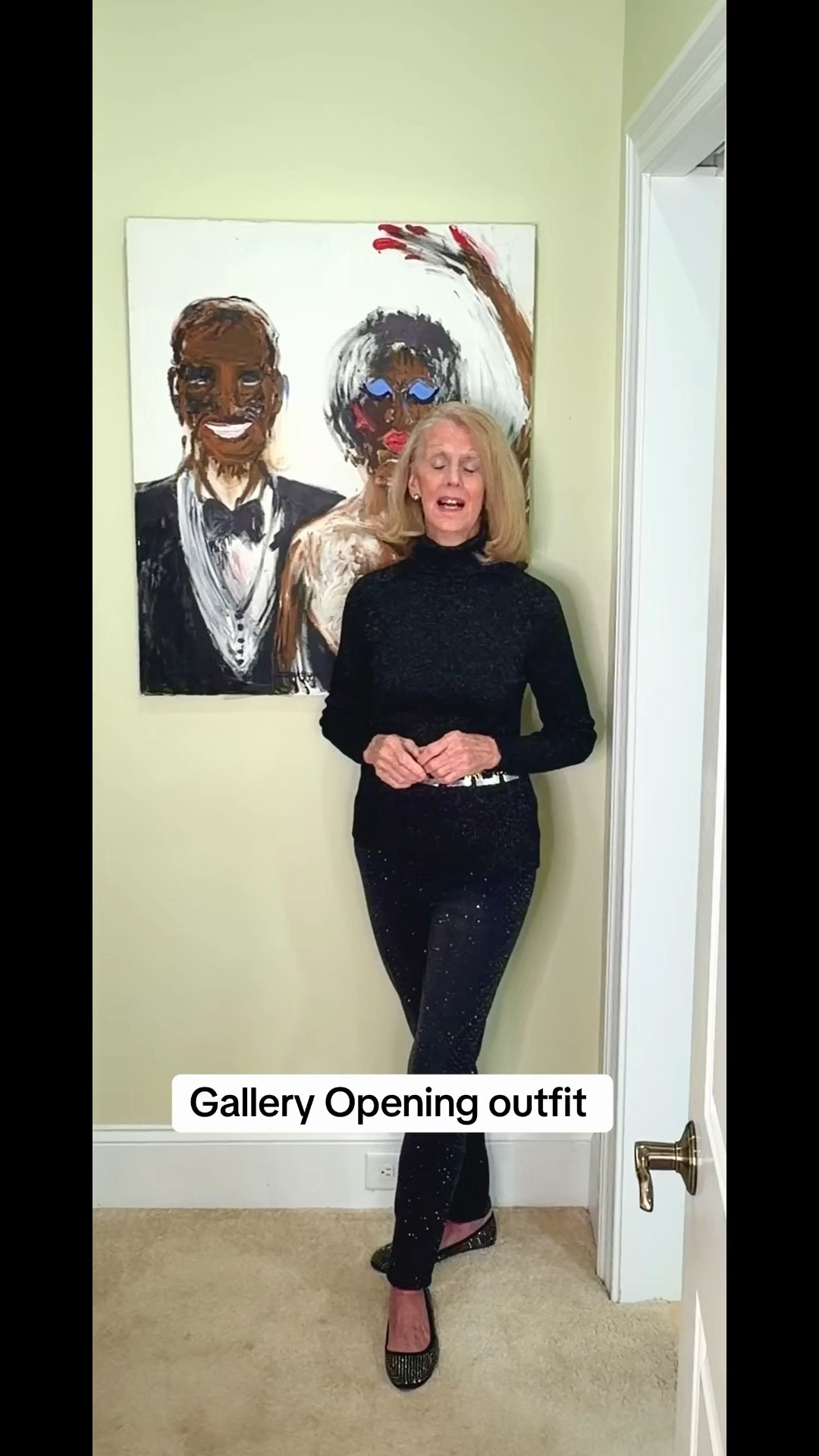 Art Gallery opening outfit. Glitter jeans and Carolyn Bisette classic turtleneck top. As an Artist, This is one of my paintings- it’s called the Backup Singers! #artist #painting #jeans #glitter #over50 
#over60 #over70

#LTKootd #LTKOver40