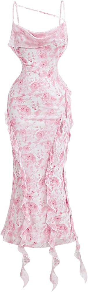 WDIRARA Women's Floral Print Mesh Bodycon Midi Dress Sleeveless Asymmetrical Fishtail Cami Bodyco... | Amazon (US)