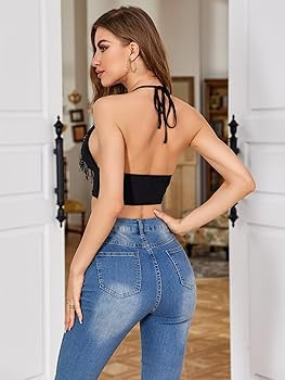 WDIRARA Women's Fringe Trim Backless Party Outfits V Neck Halter Sleeveless Cami Crop Tank Top | Amazon (US)