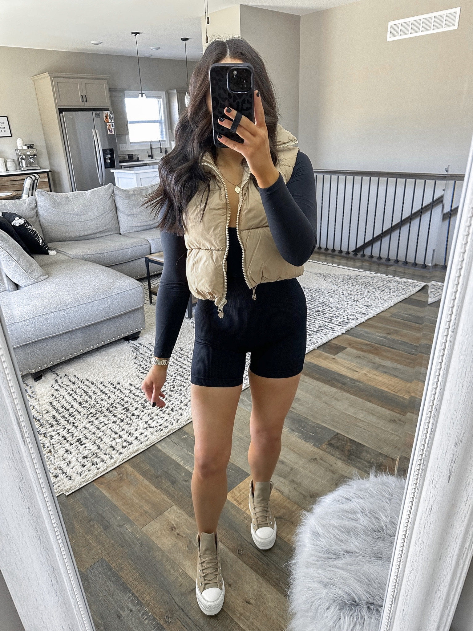 Bodysuit — small
Workout Set — medium 
Vest — small

Tan puffer vest outfit | neutral puffer vest spring outfit | spring transition outfit | spring outfits | suede platform converse sneakers outfit | errands outfit | casual outfits for women 



#LTKunder50 #LTKshoecrush #LTKstyletip