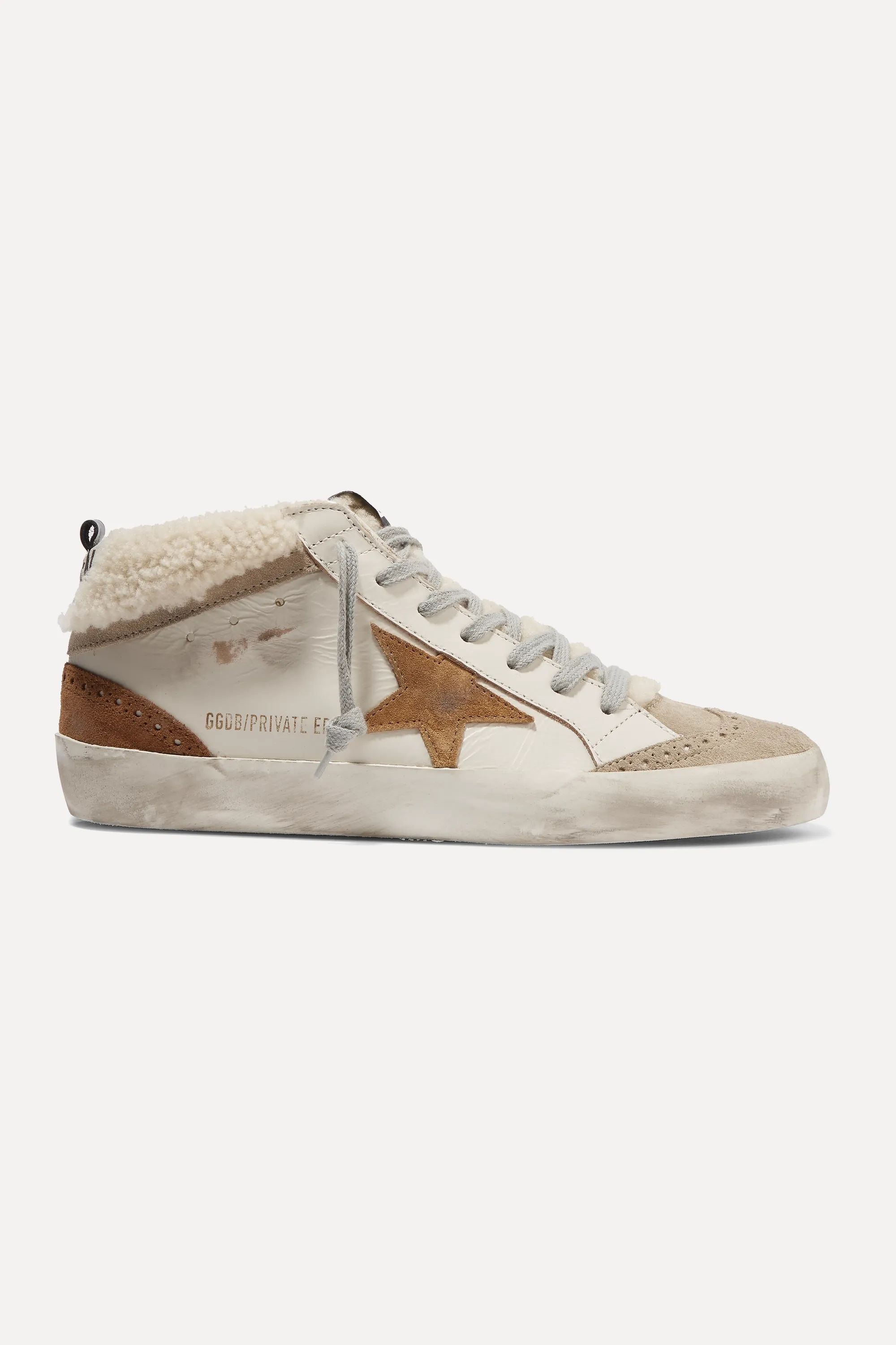 Beige Mid Star distressed leather, suede and shearling sneakers | Golden Goose | NET-A-PORTER | NET-A-PORTER (US)