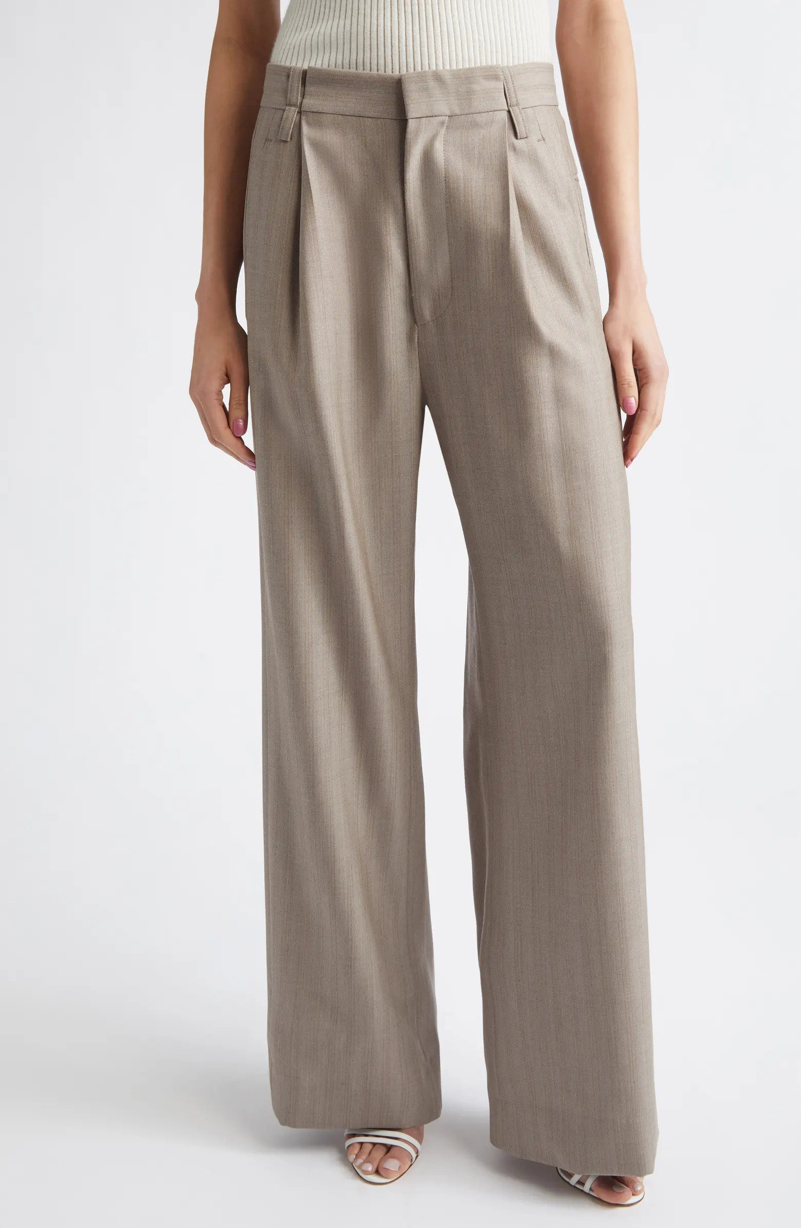 Victoria Beckham Pleated Virgin Wool Herringbone Straight Leg Pants | Nordstrom | Nordstrom