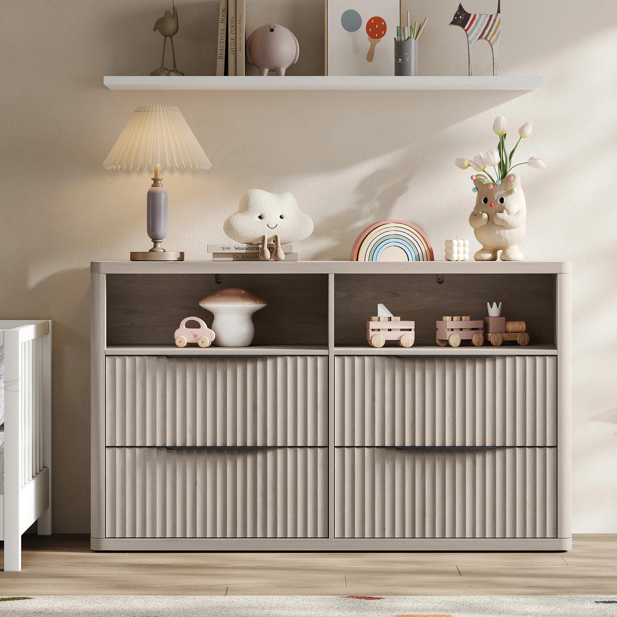 56.5"W Modern Fluted 4-Drawer Dresser With 2 Large Open Storage | Wayfair North America