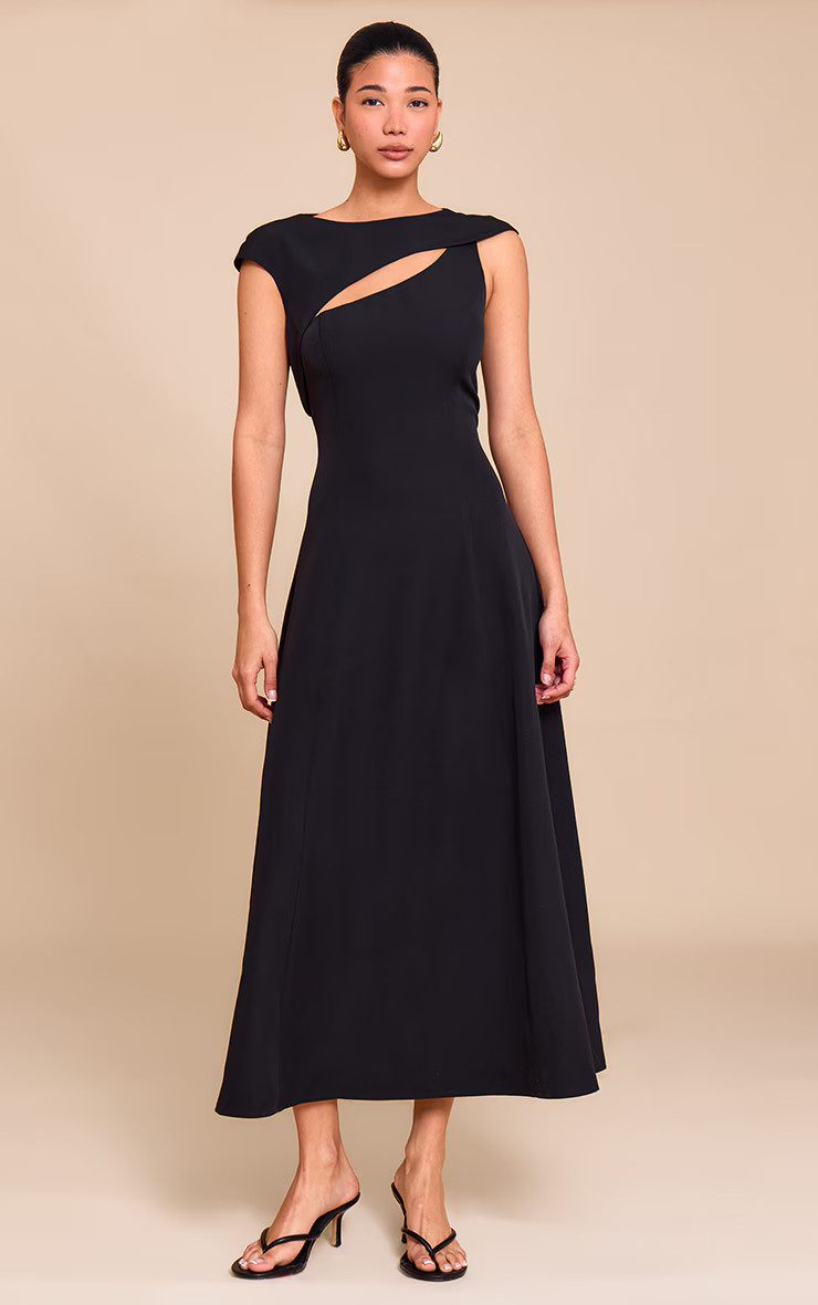 Black Asymmetric Cut Out Detail Midaxi Dress | Dresses | PrettyLittleThing UK