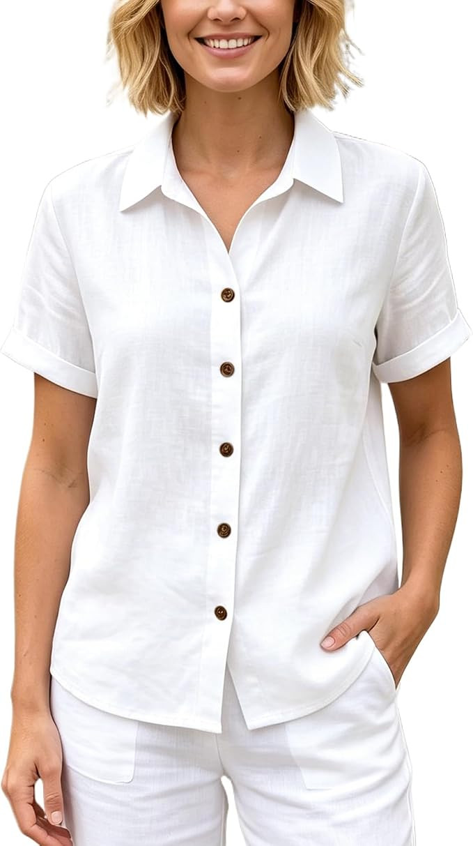 ZOCANIA Women's Button Down Shirt Short Sleeve Collared Blouse Solid Color Casual Loose Fit Summe... | Amazon (US)