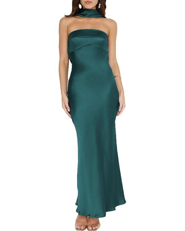 Women's Summer Satin Strapless Tube Top Maxi Dress Elegant Silk Backless Halter Neck Formal Party... | Amazon (US)