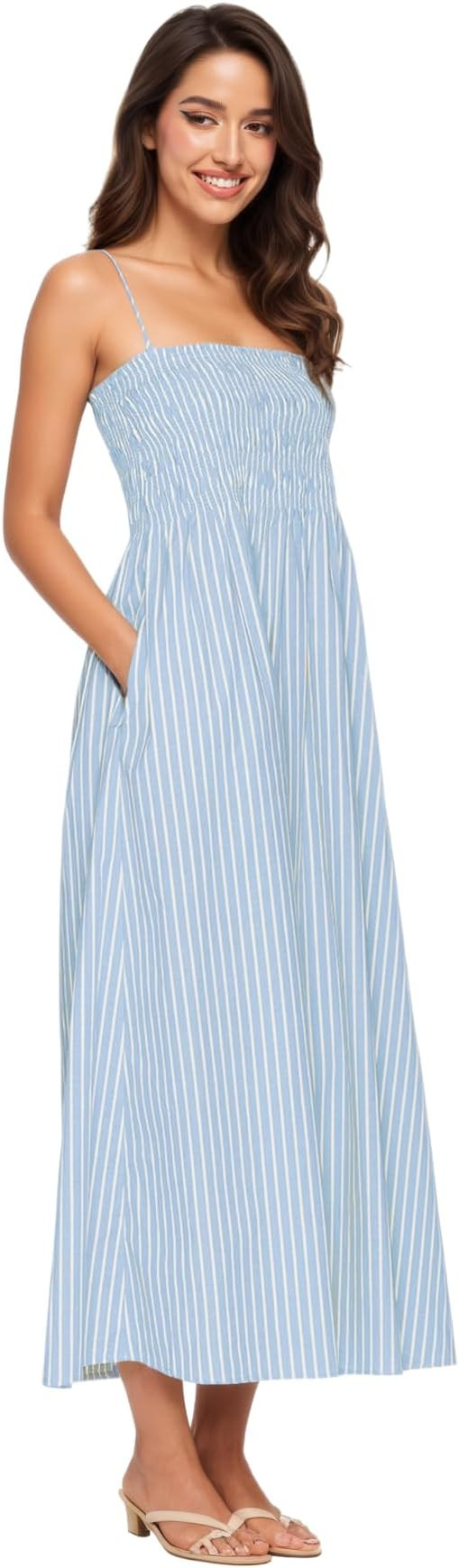 Women Spaghetti Strap Smocked Maxi Dresses Flowy Striped Summer Vacation Dress A-Line Beach Sundr... | Amazon (US)