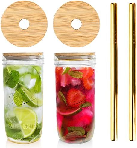 Wide Mouth Mason Jar Lids, Mason Jar Drinking Glasses 24 OZ, Set of 2 Mason Jar Cups with Lids an... | Amazon (US)