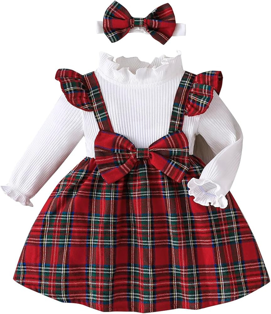 Noubeau Christmas Toddler Girl Plaid Dress Long Sleeve Bow Patchwork Rib Ruffled Shirts Dress Bab... | Amazon (US)