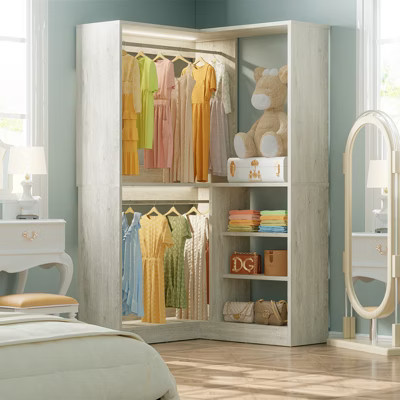 Besiost Corner Closet System with Shelf, Freestanding Closet Organizer with 2 Hanging Rods-Beige Oak | Target