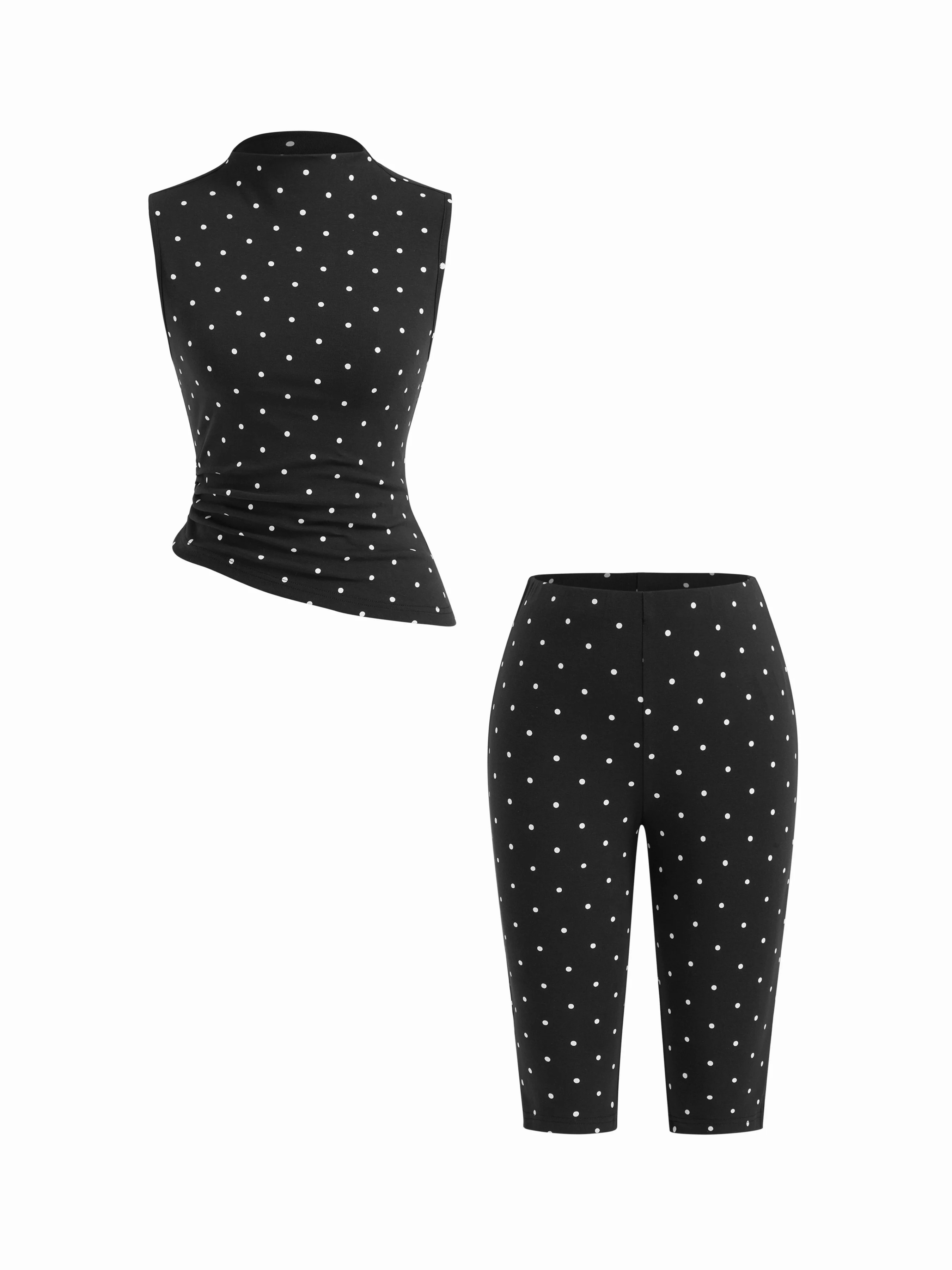 Cotton-blend High Neck Polka Dot Asymmetrical Hem Top & Mid Rise Capri Pants Set | Cider