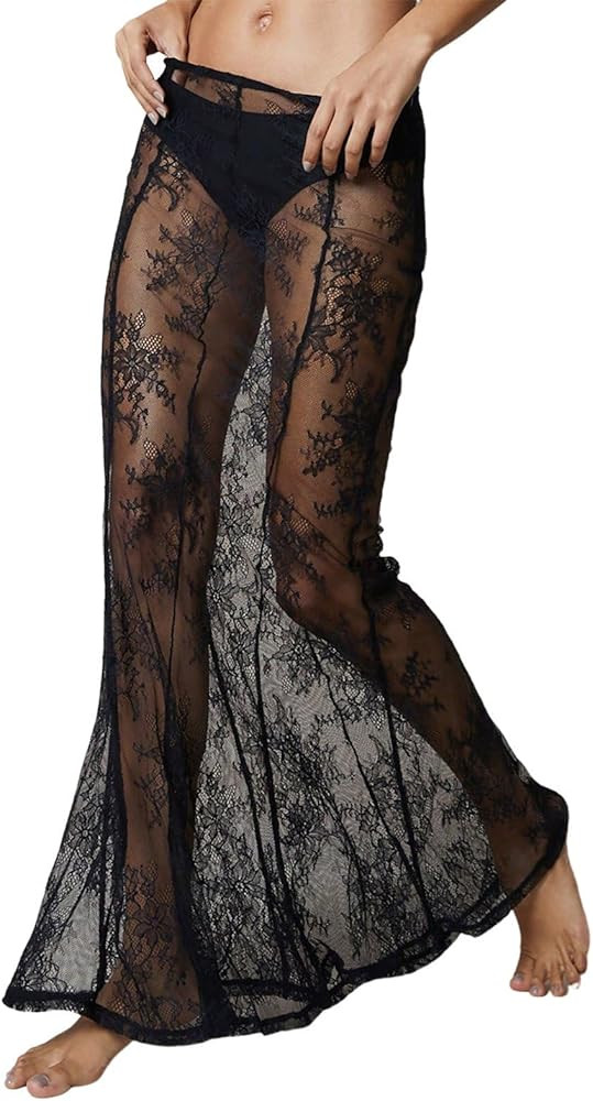 Women Sexy Lace Long Skirt Sheer Mesh Bodycon Maxi Skirts Elegant Summer Beach Coverups | Amazon (US)