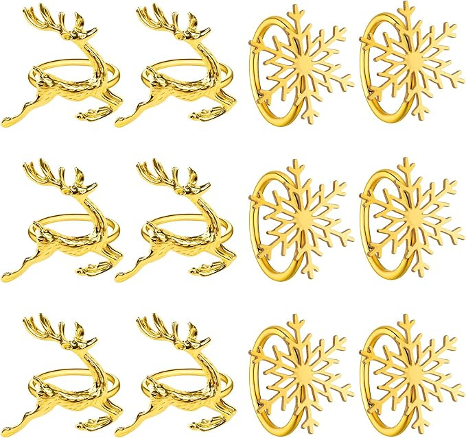 Gold Christmas Napkin Rings Set of 12, Christmas Reindeer and Snowflake Napkin Holders for Thanks... | Amazon (US)