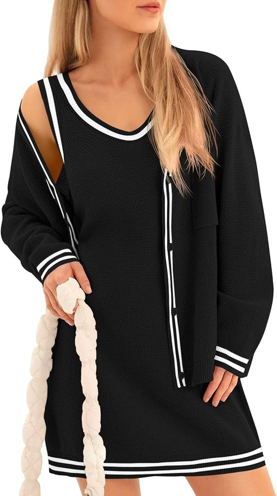 Fisoew Womens 2 Piece Outfits Casual Button Down Cardigan Sleeveless Loose Mini Dress Knit Sweate... | Amazon (US)