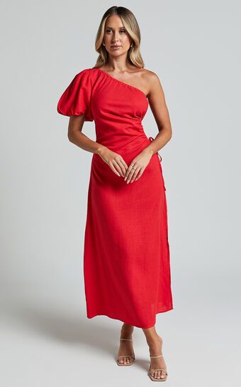 Victoria Midi Dress - Linen Look One Shoulder Puff Sleeve Cut Out Dress in Red | Showpo (US, UK & Europe)