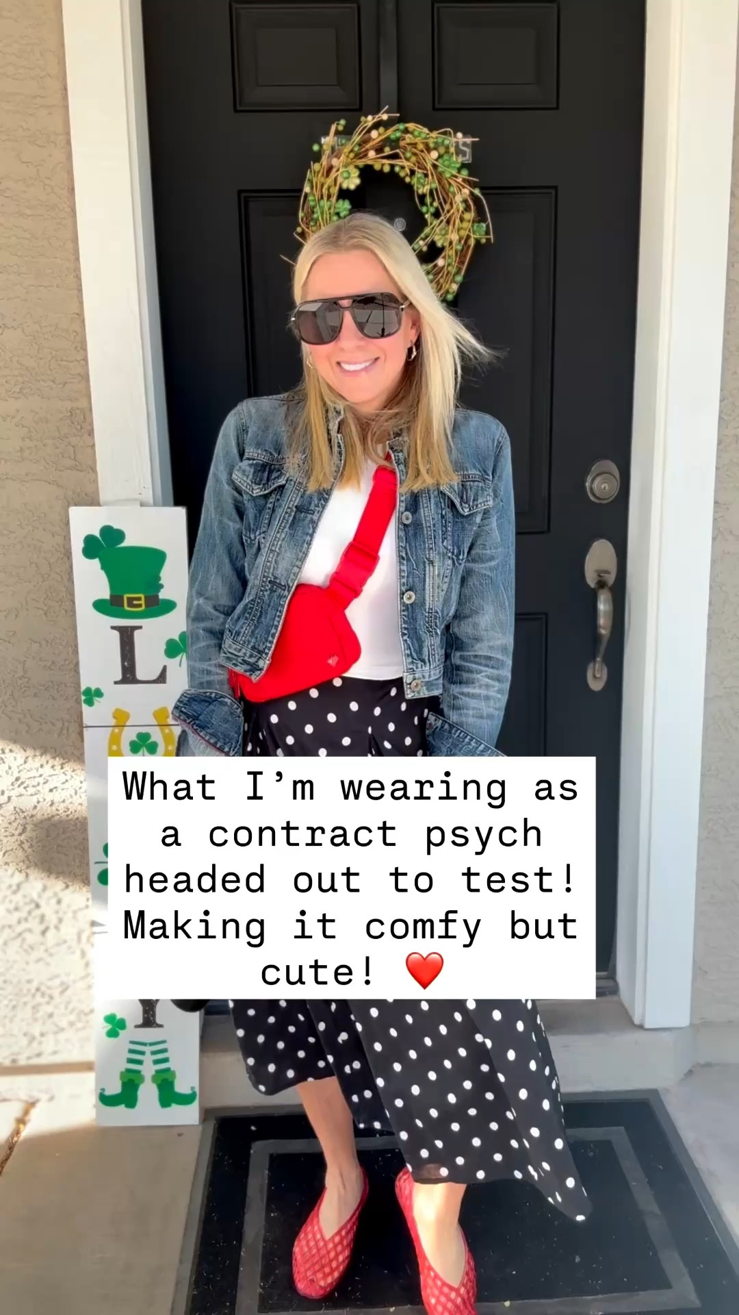 What I’m wearing as a school psych heading out to test one student during my spring break…comfy but cute is my motto today! ❤️

Picked up this polka dot skirt @Target last month and have already worn it a few times. It’s so versatile! And this pop of red…PERFECTION 💋

Wearing my usual size S in all pieces. 