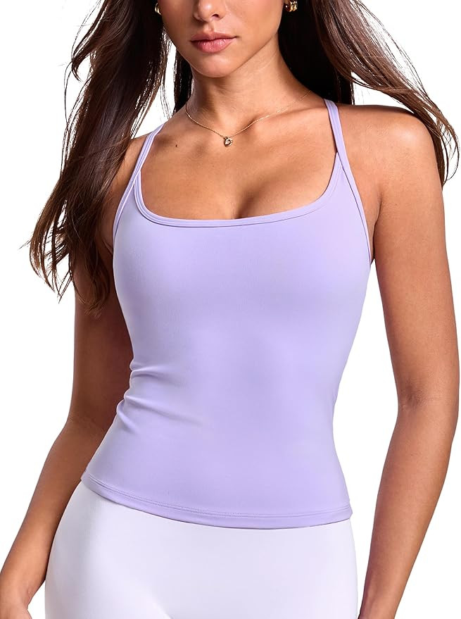 Womens Low Scoop Neck Racerback Tank Top Workout Yoga Pilates Camisole Built-in Bra Fitted Sleeve... | Amazon (US)