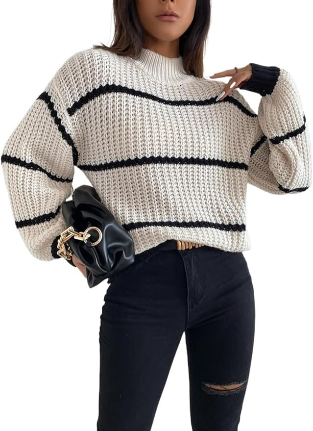 womens sweaters dressy casual Striped Mock Neck Drop Shoulder Sweater | Amazon (US)