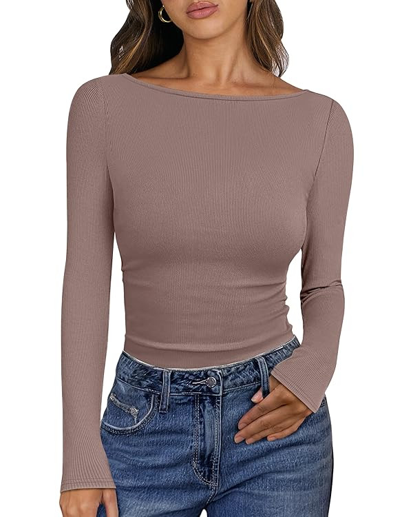 ANRABESS Women's Boat Neck Long Sleeve Shirts Rib Knit Slim Fitting Tops Basic Tees 2025 Casual C... | Amazon (US)