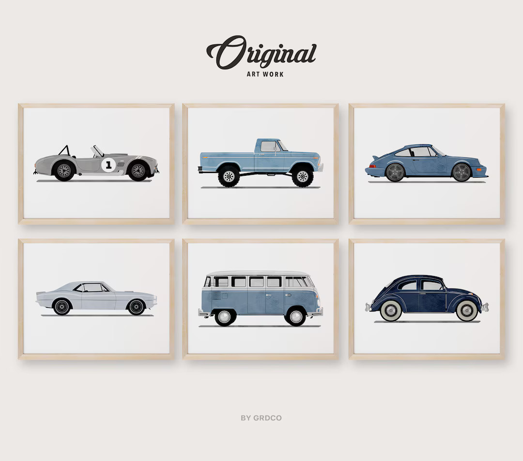 Set of 6 Blue Vintage Vehicle Prints, Boys Room Decor, Vintage Vehicles, Original Retro Car Art, ... | Etsy (US)