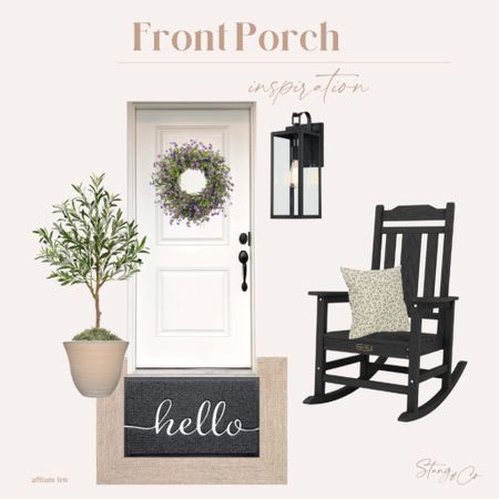 Front porch inspiration includes a wreath will lavender accents, a lantern porch light, beige pot with a faux olive tree and moss, a black “hello” doormat layered over a beige rug, and a black rocking chair with a green floral outdoor pillow.

Porch styling, outdoor decor, porch insp, amazon home, outdoor decor

#LTKstyletip #LTKSeasonal #LTKhome