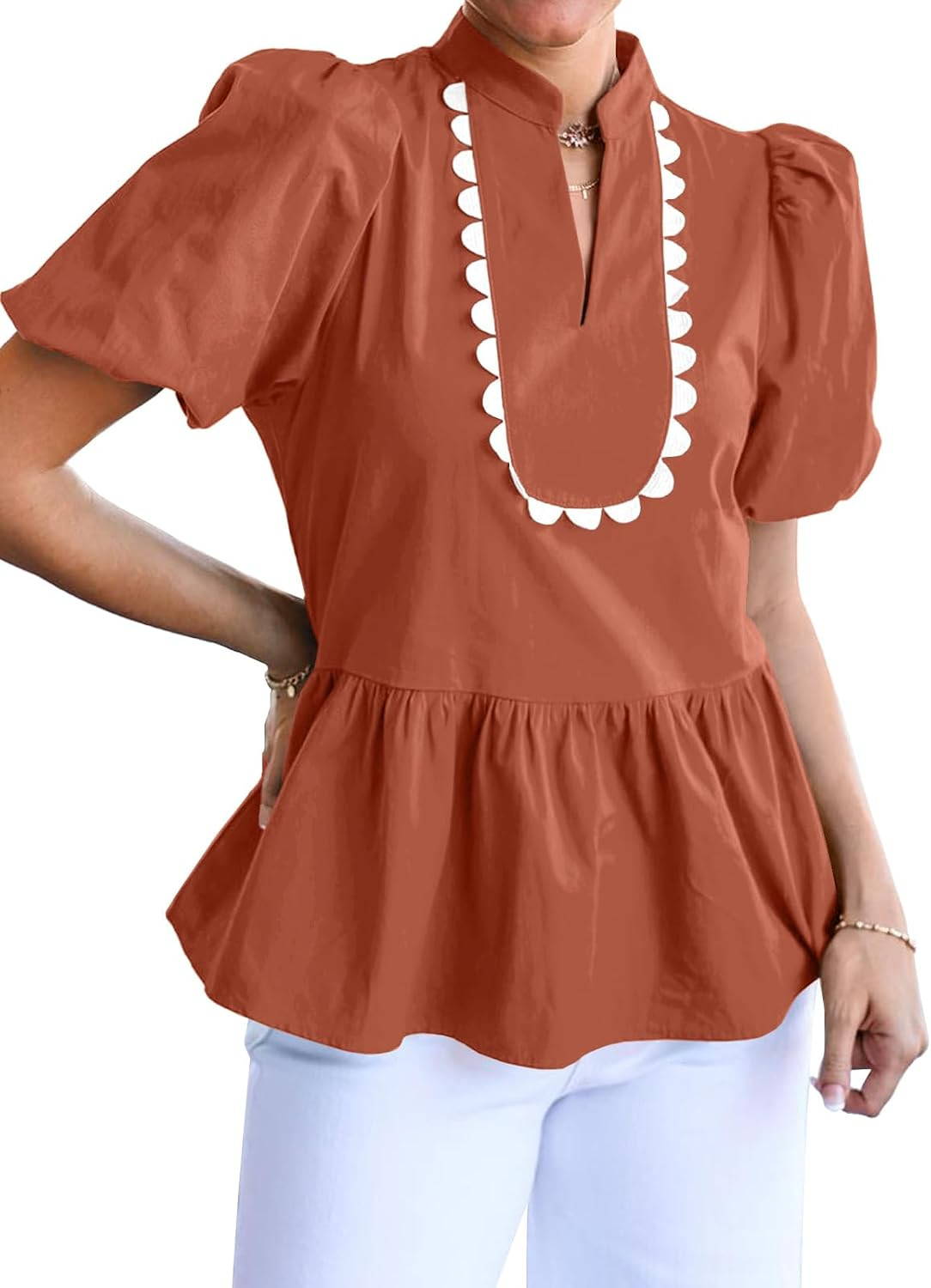 Cicy Bell Women Puff Sleeve Peplum Blouse Ruffle Vneck Summer Babydoll Tops | Amazon (US)