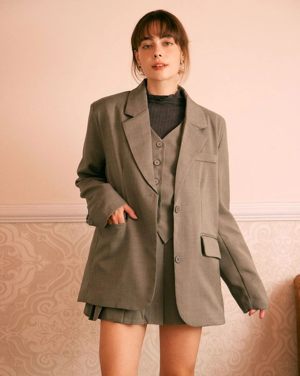The Khaki Lapel Button Wide-waisted Blazer & Reviews - Khaki - Outerwear | RIHOAS | rihoas.com