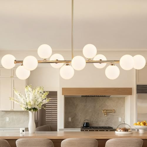 uznhty Linear Chandeliers for Dining Room 12 Light Gold Sputnik Linear Chandelier, 50.6" Dining Room Light Fixture Brass Kitchen Island Lighting with White Glass Globe Chandelier for Living Room | Amazon (US)