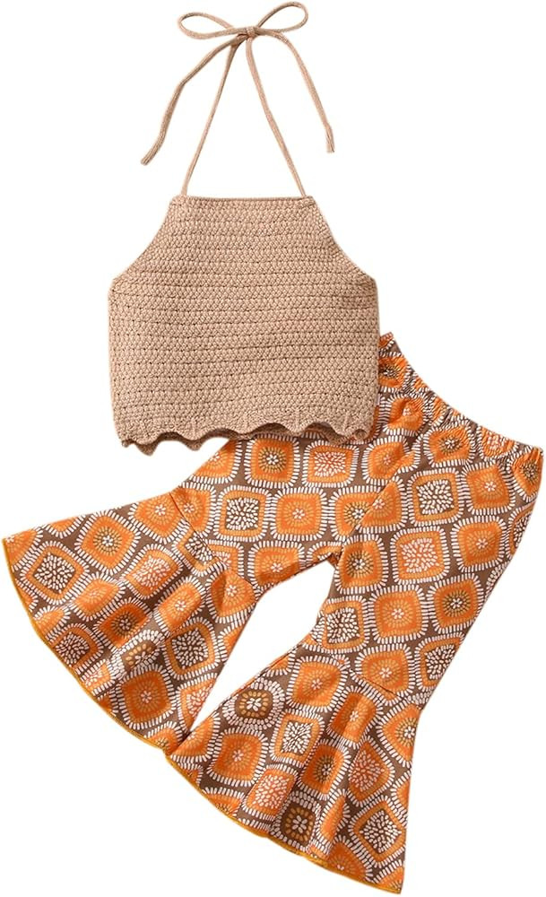 Toddler Baby Girl Boho Outfits Floral Sleeveless Halter Crop Top Bell Bottom Pants Summer Clothes... | Amazon (US)