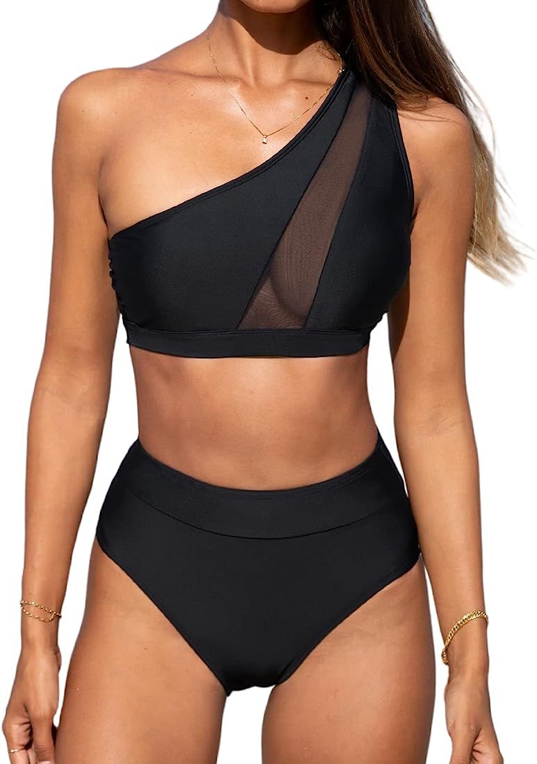 CUPSHE Bikini Set for Women Two Piece Swimsuits High Waisted One Shoulder Top Wide Straps Mesh | Amazon (US)