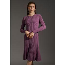 Ribbed Texture Frilling Midi Dress in Purple | Chicwish