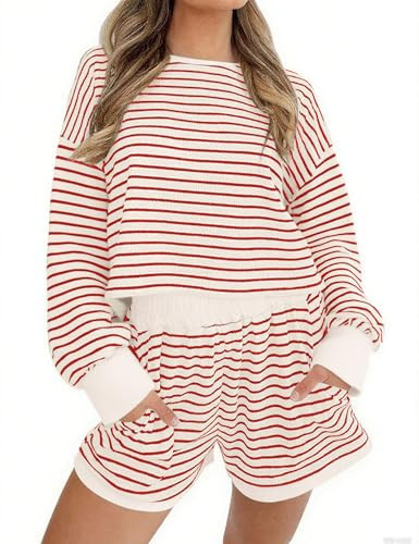 MISSACTIVER 2 Piece Lounge Set Women Stripe Knit Short Sleeve Tee Shirts Shorts Casual Summer Loungewear Shorts Sets | Amazon (US)