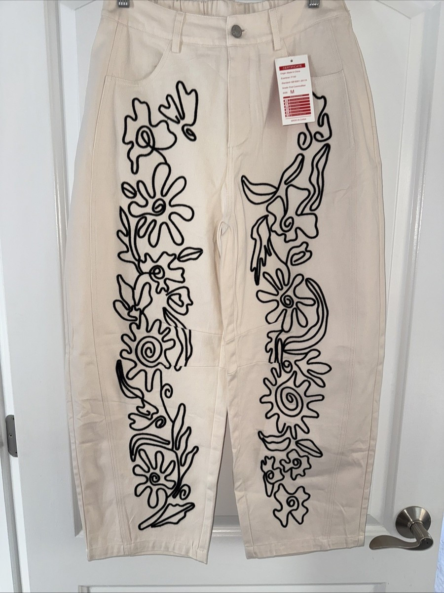 Amazon Cream Barrel Pant With Black embroidery | eBay US