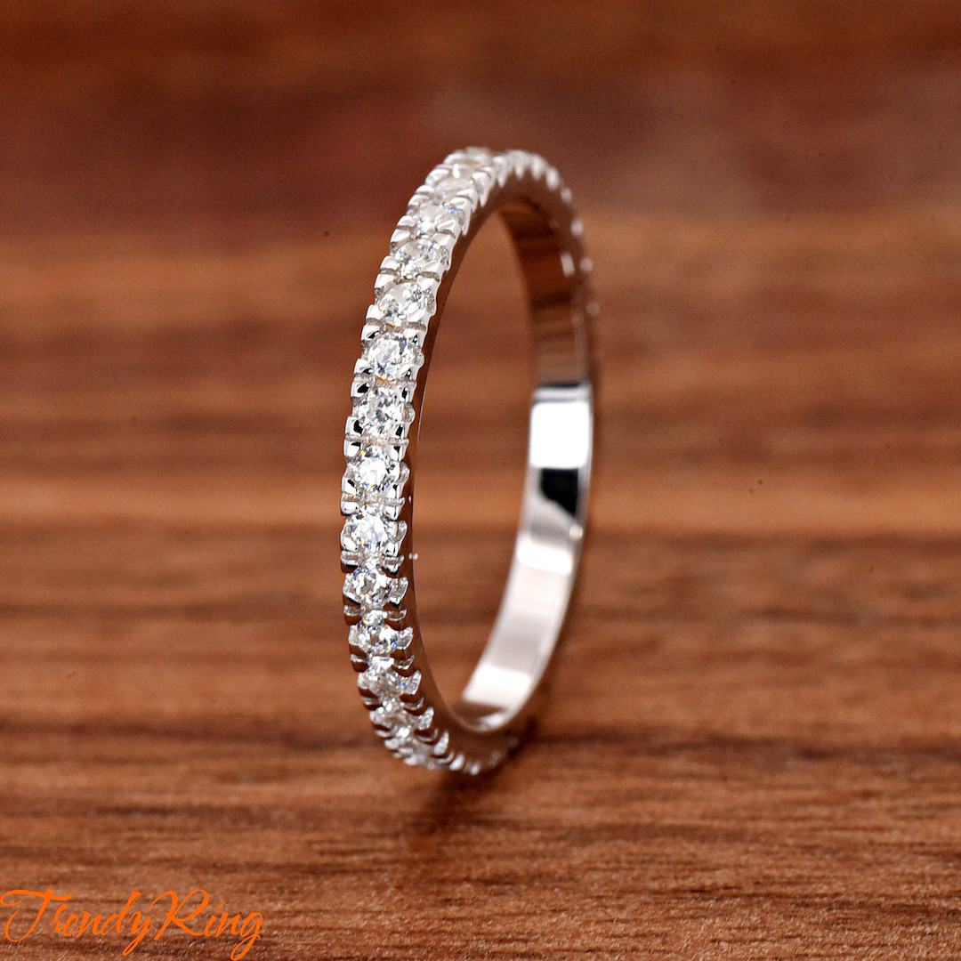 Solid 925 Sterling Silver 2mm Thin Prong Set Clear Cubic Zirconia Full Eternity Ring Band Minimal... | Etsy (US)