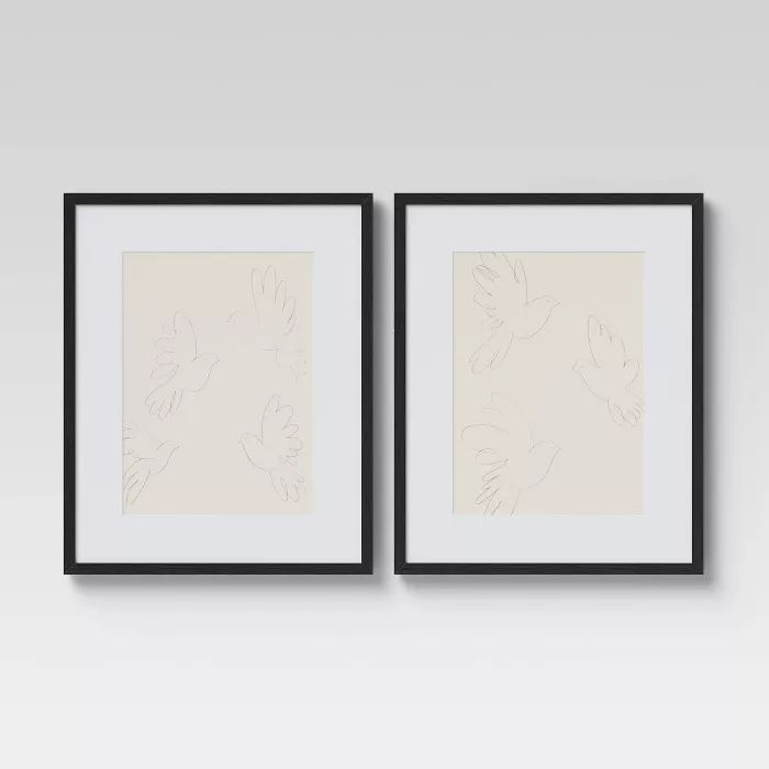 (Set of 2) 16" x 20" Bird Line Drawings Glass Framed Wall Arts Black - Threshold™ | Target