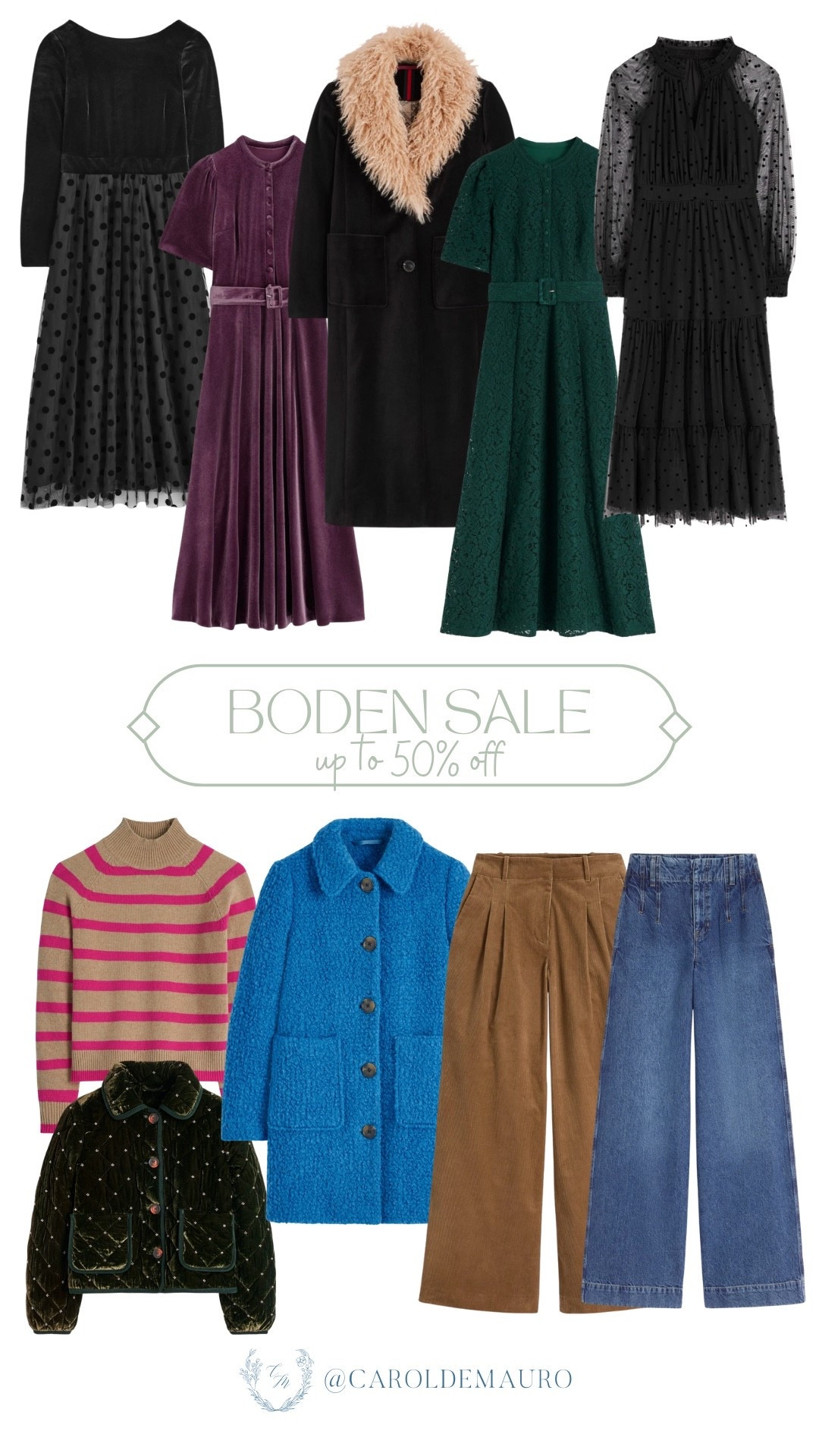 Sale alert! Boden is having a major moment with up to 50% off right now. You'll love these cozy velvet dresses, perfectly tailored coats, or whether you're looking for a bright pop of blue or a classic neutral, it's the perfect time to refresh your wardrobe without breaking the bank.

on sale now, winter wardrobe, cozy looks, versatile wear, elevated basics, party outfit, formal wear, sweater weather

#LTKSaleAlert #LTKSeasonal #LTKU